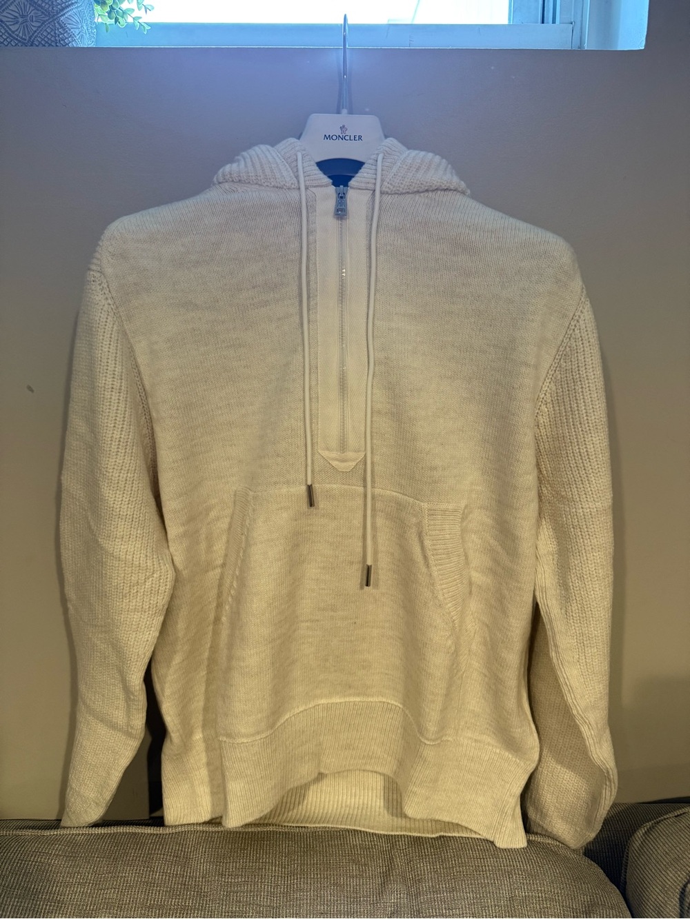 Moncler Men's Cream Zip-Up Hooded Knit Sweater